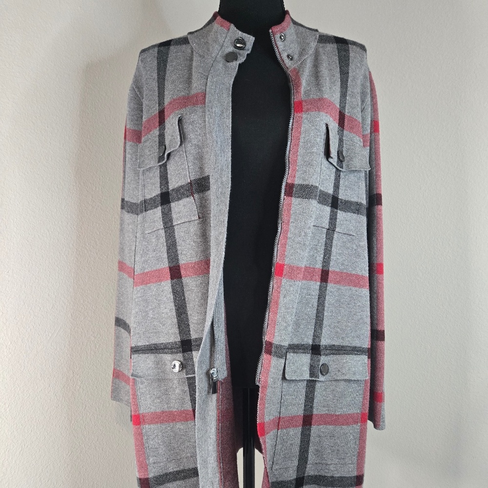 Anne Klein Gray and Red Plaid Cape Coat